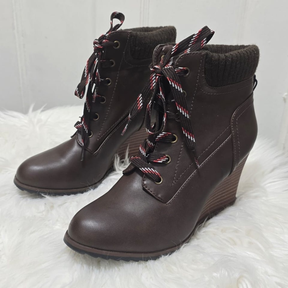 Nautica Brandt lace-up wedge bootie in chocolate brown faux leather.